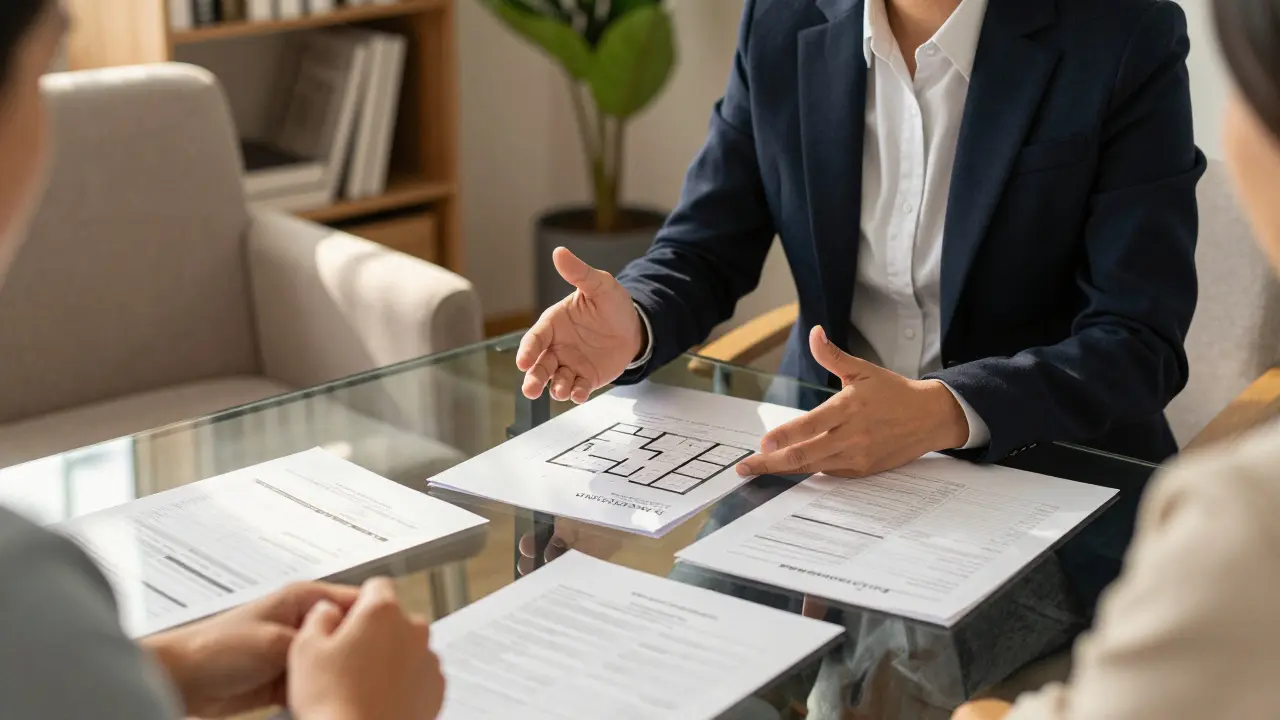 Two people discussing property documents in office setting