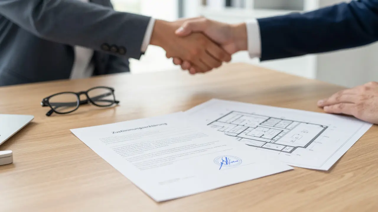 Unterschriebene Zustimmungserklärung und Baupläne als Symbol für eine rechtssichere Einigung.
