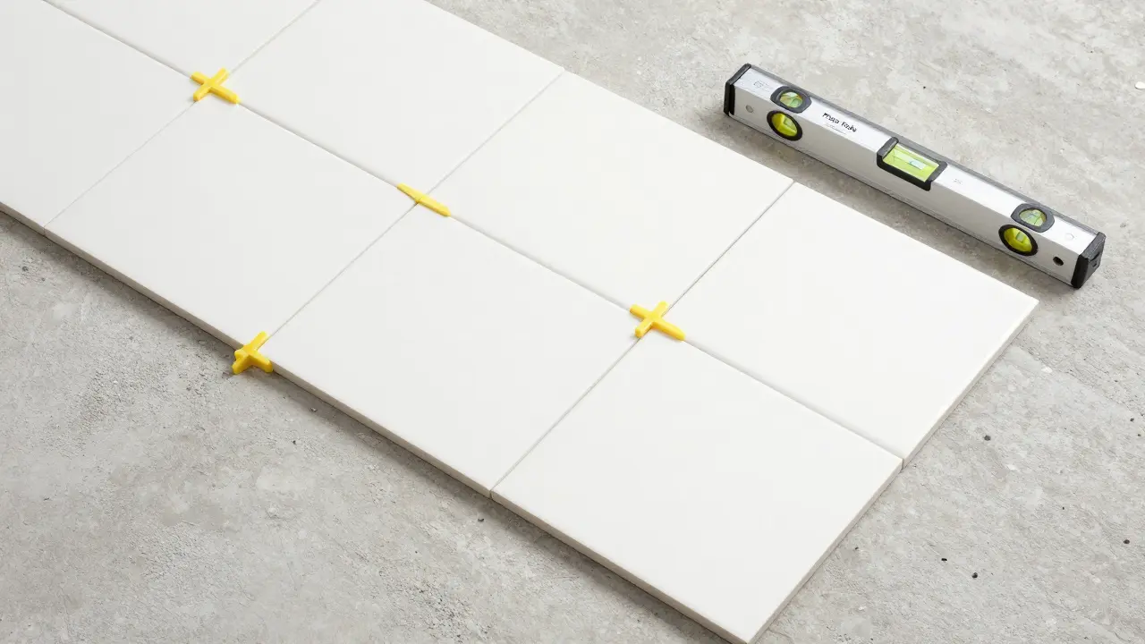 Weiße Fliesen mit Kunststoff-Abstandshalter für gleichmäßige Fugen.