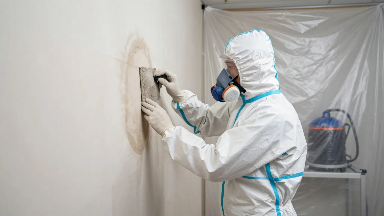 Fachkraft in Schutzkleidung entfernt Schimmel von der Wand