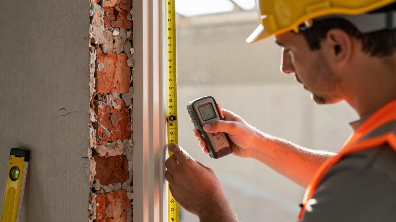 Handwerker misst präzise die Türbreite für eine rollstuhlgerechte Sanierung