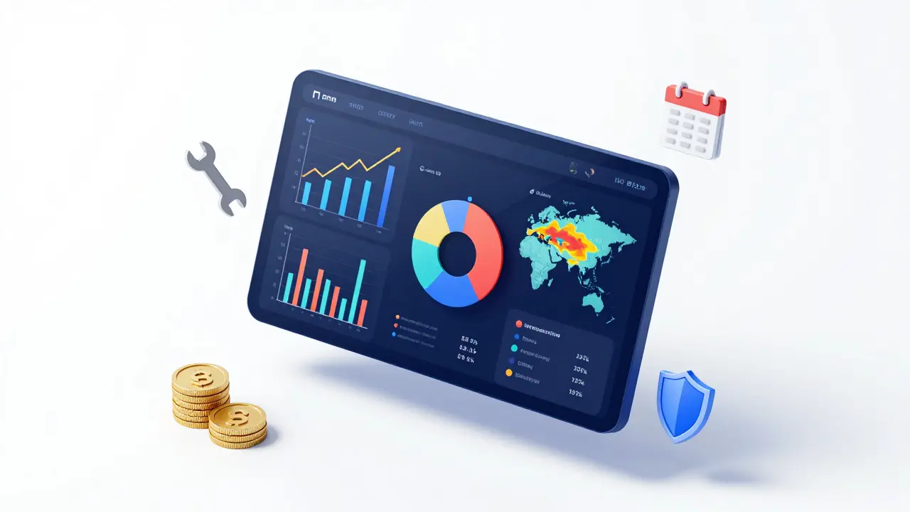 Isometrisches 3D-Dashboard mit Diagrammen und Symbolen für digitale Immobilien-Risikoanalyse