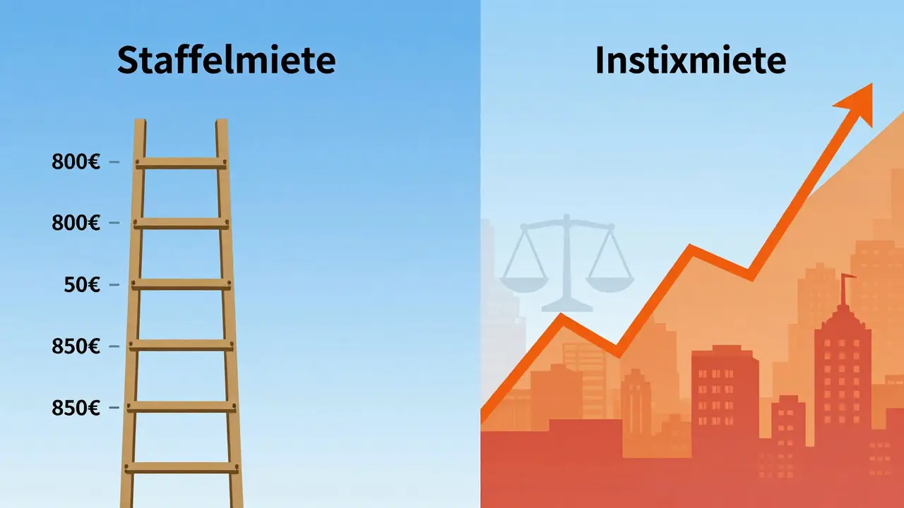 Konzeptkunst: Treppe für Stabilität vs. Diagramm für Indexmiete