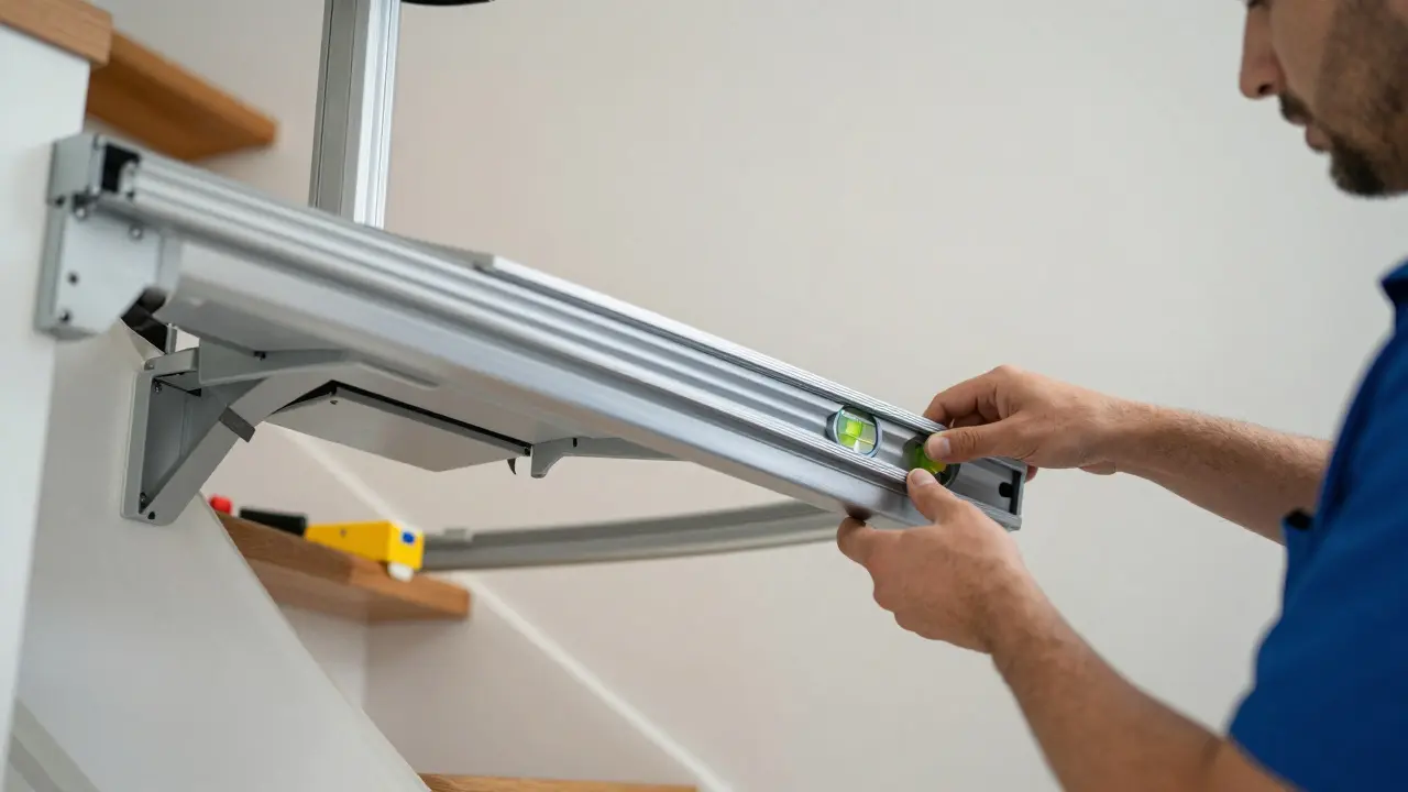 Techniker installieren präzise eine Treppenlift-Schiene